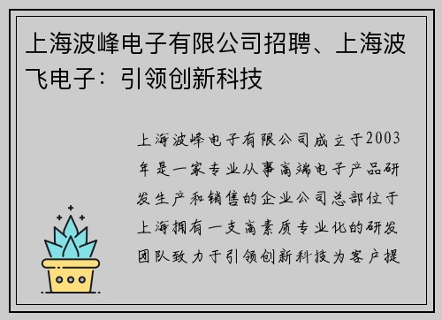 上海波峰电子有限公司招聘、上海波飞电子：引领创新科技